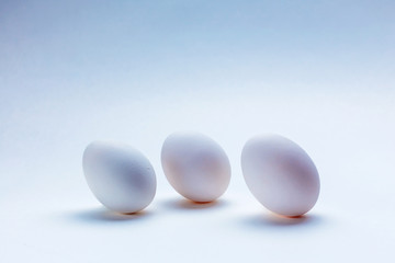 Three white chicken eggs stand on a white background. Cold light. Copy space. Minimalism concept.