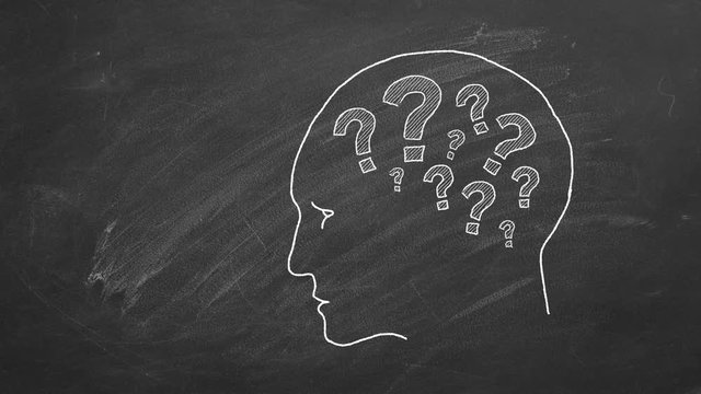 Human head with question marks inside. Animated Illustration on blackboard.