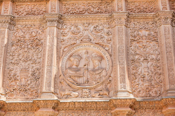 Detail of the beautiful facade of the historical building of the  University of Salamanca