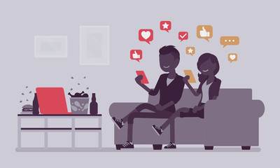Gadget addiction, young couple dependent on smartphones. People glued to a screen, focusing on mobile device, social media obsession, virtual world. Vector illustration, faceless characters