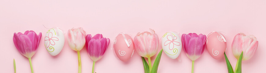 Easter greeting card with eggs and tulips