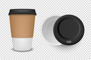 Vector 3d Realistic Disposable Opened Paper, Plastic Coffee Cup for Drinks with Black Lid Icon Set Closeup Isolated on Transparent Background. Design Template, Mockup. Top and Front View