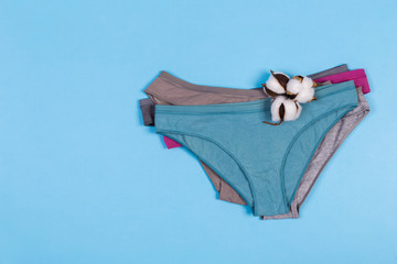 Female pastel cotton set panties and cotton flower on blue background top view flat lay with copy...