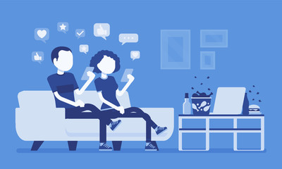 Gadget addiction, couple dependent on smartphones. People glued to screen, focusing on mobile device, social media obsession, virtual world instead routine. Vector illustration, faceless characters