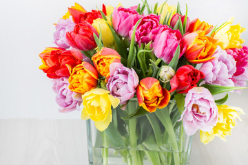 on a white background a bouquet of multicolored tulips close-up in a transparent vase
