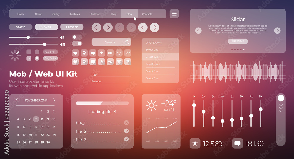 Fototapete vector ui ux kit for mobile applications and web sites. universal user interface template with respo