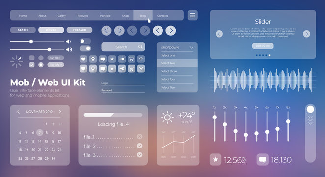 Vector UI UX kit for mobile applications and web sites. Universal user interface template with responsive design, tools and buttons. Flat menu icons and control elements on color blue background.