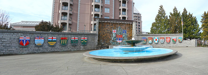 Victoria, B.C., Canada.  Panoramic View of the Confederation Fountain. The coats of arms of the 13 Provinces and Territories.