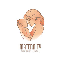 Logo design illustration. Emblem of maternity - happy woman with baby. Motherhood illustration