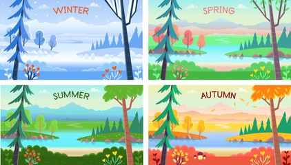 Landscape four seasons. Winter, spring, summer, autumn. Forest landscape with trees, bushes, flowers, road, and a lake. Colorful banners in flat style.
