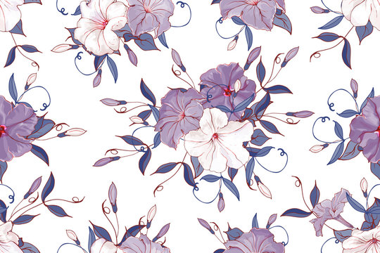 Seamless pattern with petunia and leaves.White, violet flowers and blue leaves on white background. Hand drawn. For floral design, textile, print, wallpapers, wrapping paper.Vector stock illustration.