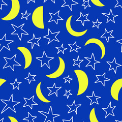 Fototapeta na wymiar Vector seamless pattern with stars and moonlight. Hand drawn background, night sky