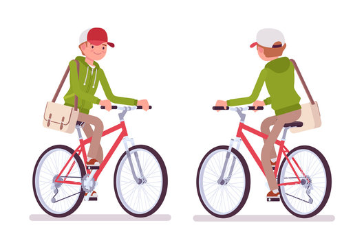 Young man wearing a hoodie riding a bike. Cute guy in a casual hoody cycling, traveling by bicycle, youth city fashion hooded sweatshirt. Vector flat style cartoon illustration, front and rear view