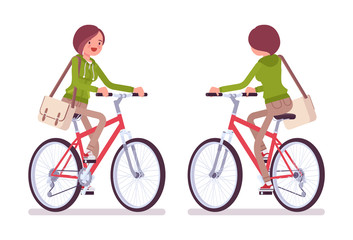 Young woman wearing a hoodie riding a bike. Cute lady in a casual hoody cycling, traveling by bicycle, youth city fashion hooded sweatshirt. Vector flat style cartoon illustration, front and rear view