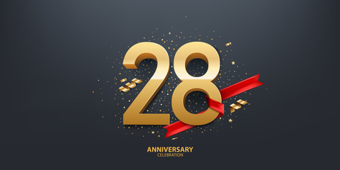 28th Year anniversary celebration background. 3D Golden number wrapped with red ribbon and confetti on black background.