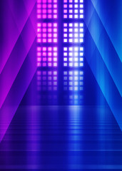 Abstract dark background of empty scene with ultraviolet light. Neon light figures in the center of...