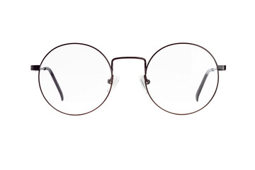 The front view of eyeglasses in a round metal frame isolated on white background