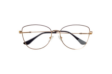The golden female medical eyeglasses with folded temples isolated on a white background