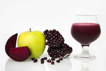 fruit and drink stand on a white background