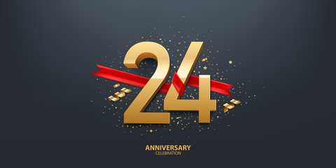 24th Year anniversary celebration background. 3D Golden number wrapped with red ribbon and confetti on black background.