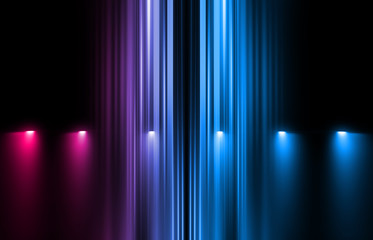 Abstract dark background of an empty scene with ultraviolet light. Neon light figures in the center of the stage, smoke, smog