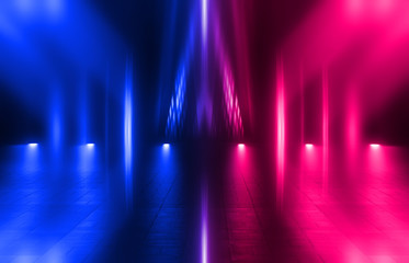 Abstract dark background of an empty scene with ultraviolet light. Neon light figures in the center of the stage, smoke, smog