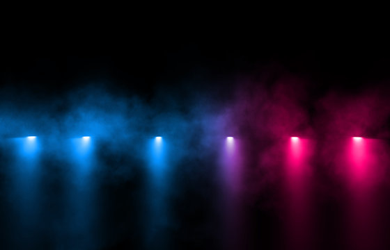 Abstract dark background of an empty scene with ultraviolet light. Neon light figures in the center of the stage, smoke, smog