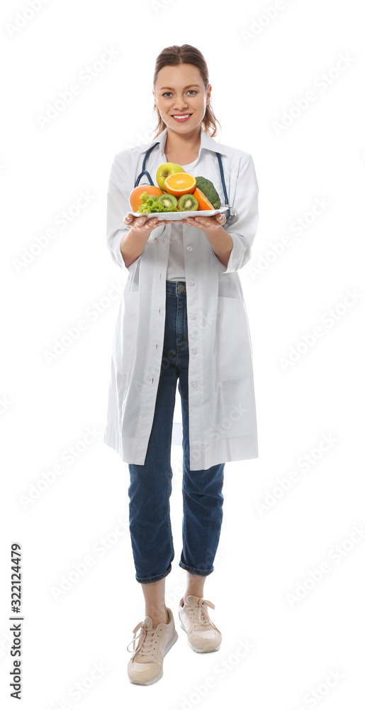 Canvas Prints Nutritionist with fruits and vegetables on white background