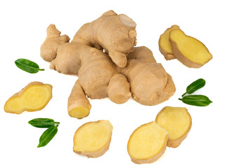 Fresh ginger with leaves on a white bakground