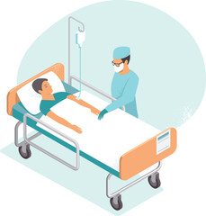 Hospitalized man lying in bed. Doctor checking him. Flat vector illustration