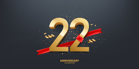 22nd Year anniversary celebration background. 3D Golden number wrapped with red ribbon and confetti on black background.