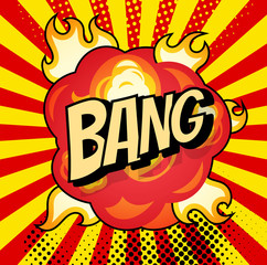 Boom. Comic book explosion bang on sunbeam striped background.