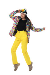 Woman wearing stylish winter sport clothes on white background