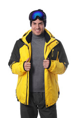 Man wearing stylish winter sport clothes on white background