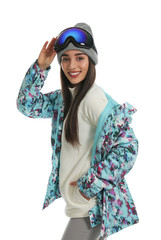 Woman wearing stylish winter sport clothes on white background