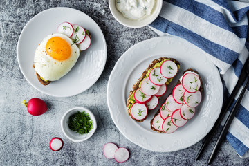 Radish avocado and egg avocado  rye sandwiches