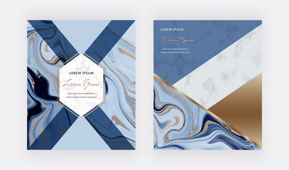 Geometric cover design with blue liquid triangles with marble texture, golden lines. Modern backgrounds for banner, card, flyer, invitation, brochure, business
