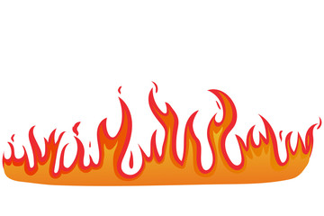 Burning red and orange fire on white isolated background. Nature frame of fire banner. Cartoon Flat fire style. Concept of dangerous energy and power. Burn campfire flame. Hot and glow blaze. Vector.