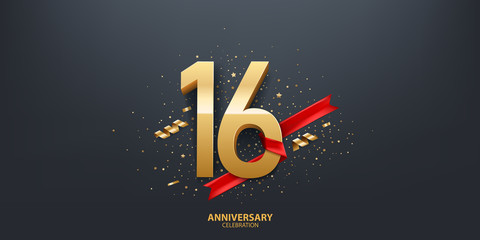 16th Year anniversary celebration background. 3D Golden number wrapped with red ribbon and confetti on black background.
