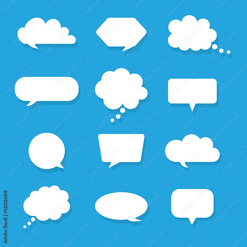 Poster set of blank white speech bubbles and text boxes isolated on blue background. comic message bubbles.