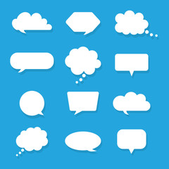 Set of blank white speech bubbles and text boxes isolated on blue background. Comic message bubbles. Social chatting for online web comments, discussions and thinks. Different shape balloons. Vector.