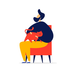 Man holds a cat. Pets. Flat style vector illustration