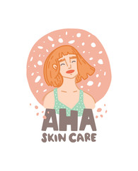 Vector hand drawn illustration. Girl and the inscription. AHA skin care lettering. Dermatology and cosmetology, AHA products, exfoliating acid in skincare routine. Clean healthy skin, peeling.