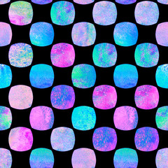 Seamless geometric pattern with colorful watercolor abstract shapes on black background