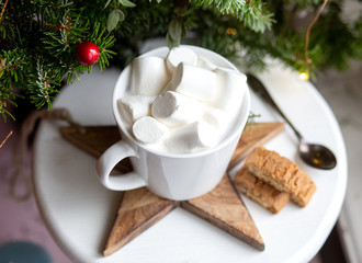 Coffee in a white cup with marshmallows. Morning festive coffee with traditional Italian cantuccini almond cookies. A cup of coffee on a background of green fir branches on a white stand.
