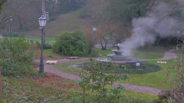 Fuente termal de aguas calientes con mucho vapor en jard&iacute;n oto&ntilde;al