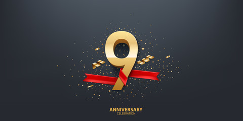 9th Year anniversary celebration background. 3D Golden number wrapped with red ribbon and confetti on black background.