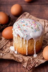 Easter Cake with eggs on wooden background