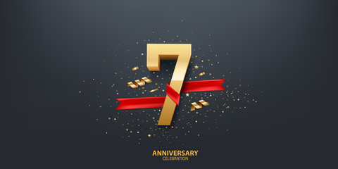 7th Year anniversary celebration background. 3D Golden number wrapped with red ribbon and confetti on black background.