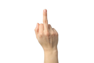Female hand showing gesture, isolated on white background